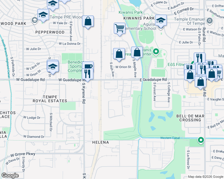 map of restaurants, bars, coffee shops, grocery stores, and more near 311 East Guadalupe Road in Tempe