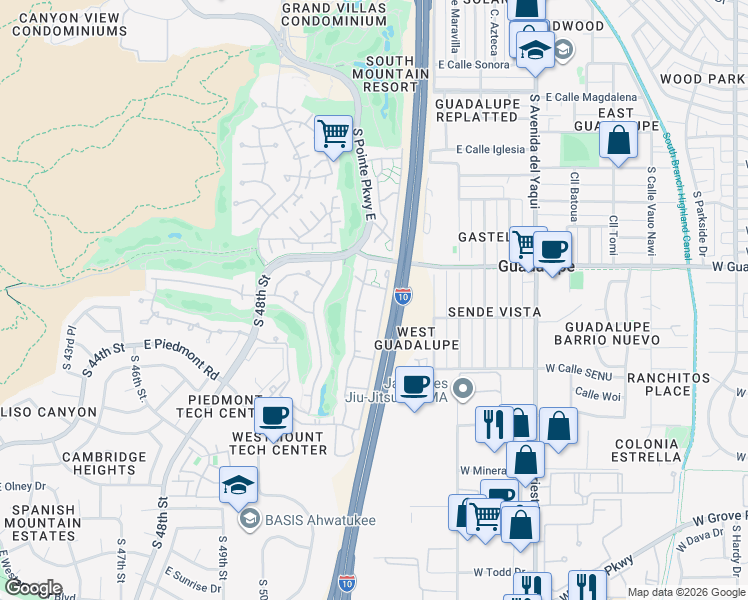 map of restaurants, bars, coffee shops, grocery stores, and more near 5151 Guadalupe in Phoenix