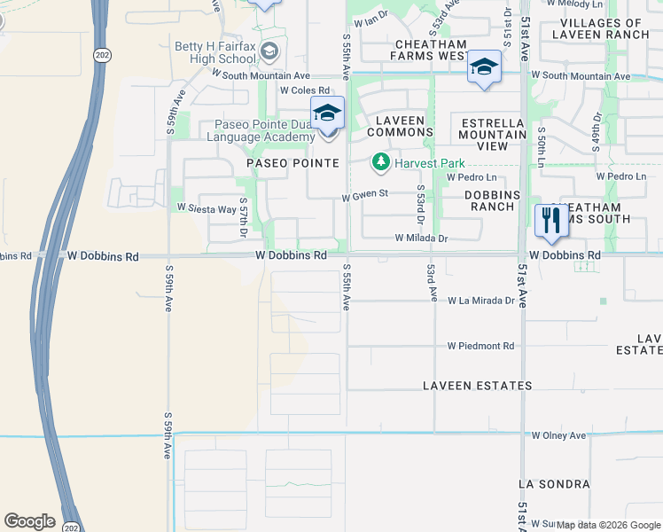 map of restaurants, bars, coffee shops, grocery stores, and more near 5601 West Dobbins Road in Phoenix