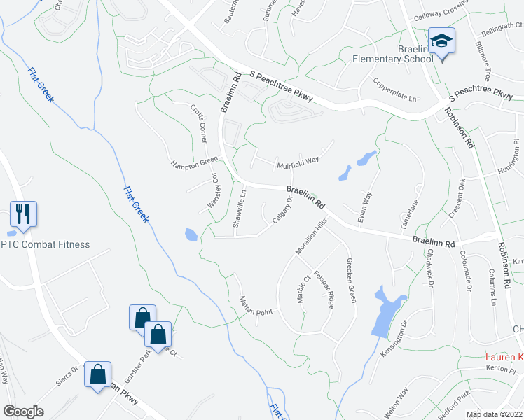 map of restaurants, bars, coffee shops, grocery stores, and more near 502 Atwood Circle in Peachtree City