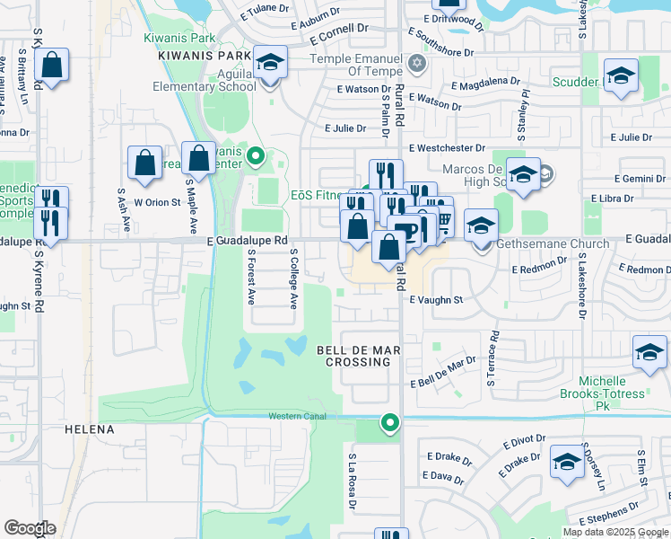 map of restaurants, bars, coffee shops, grocery stores, and more near 6514 South McAllister Avenue in Tempe