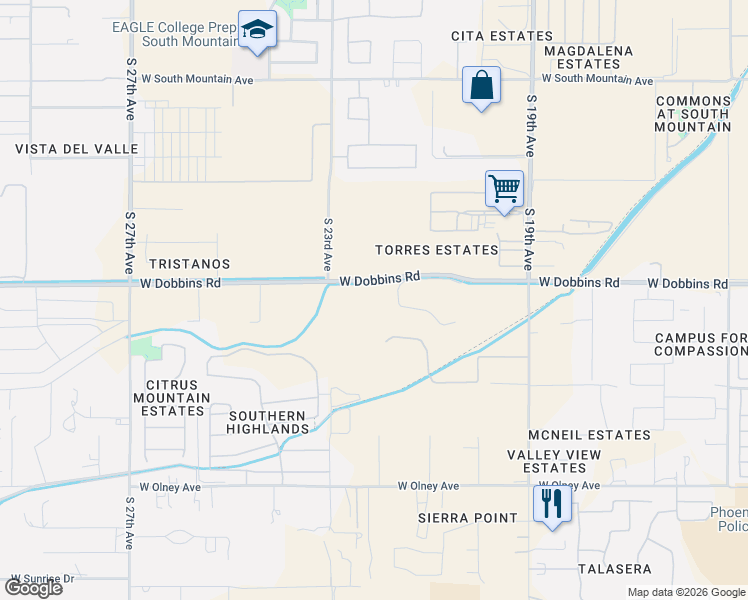map of restaurants, bars, coffee shops, grocery stores, and more near 2215 West Dobbins Road in Phoenix