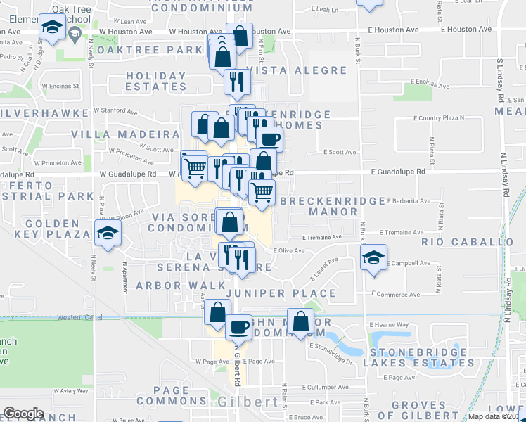 map of restaurants, bars, coffee shops, grocery stores, and more near 735 North Gilbert Road in Gilbert