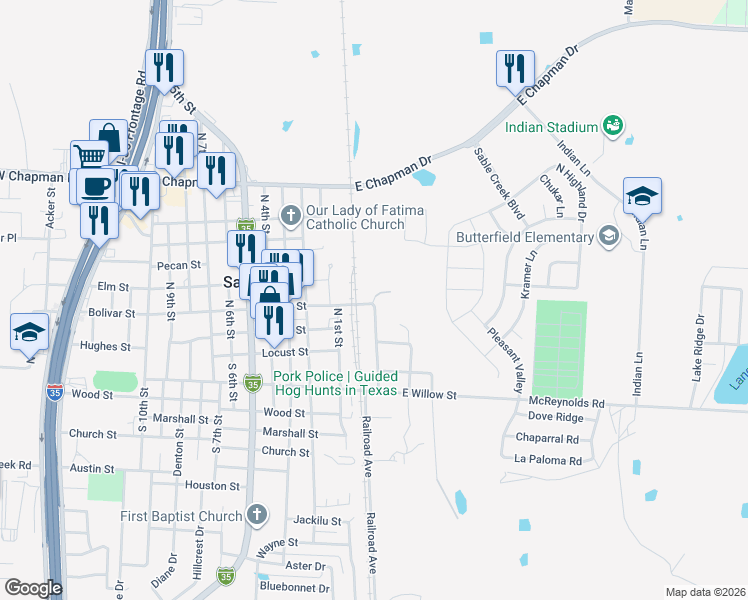 map of restaurants, bars, coffee shops, grocery stores, and more near 201 Railroad Avenue in Sanger