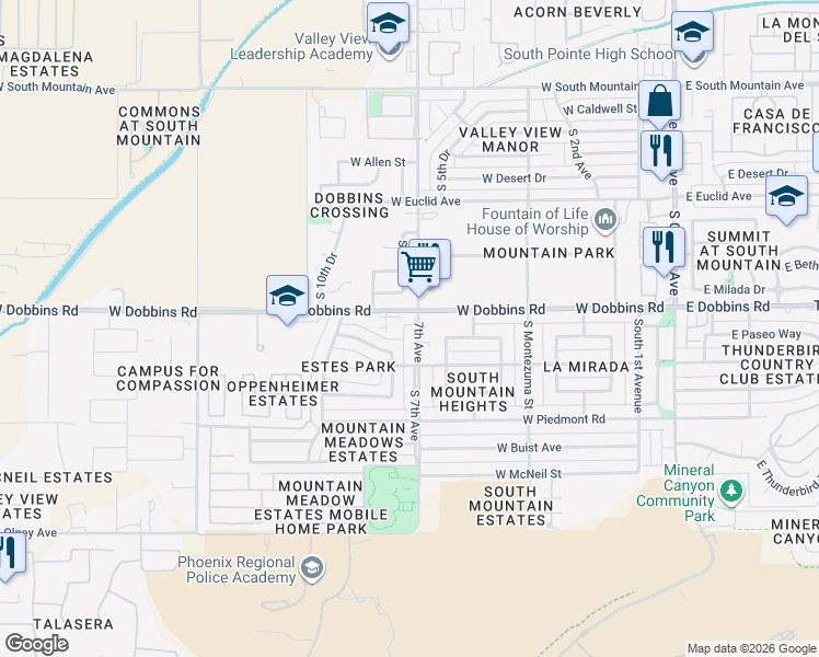 map of restaurants, bars, coffee shops, grocery stores, and more near 9216 South 7th Avenue in Phoenix