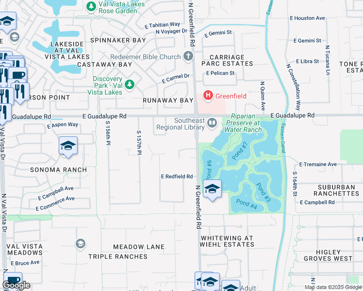 map of restaurants, bars, coffee shops, grocery stores, and more near 720 North Greenfield Road in Gilbert