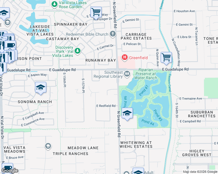 map of restaurants, bars, coffee shops, grocery stores, and more near 720 North Greenfield Road in Gilbert