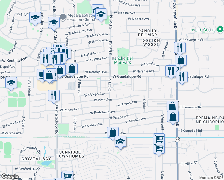 map of restaurants, bars, coffee shops, grocery stores, and more near 2855 South Extension Road in Mesa