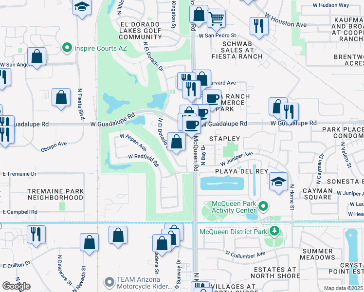 map of restaurants, bars, coffee shops, grocery stores, and more near 722 North McQueen Road in Gilbert
