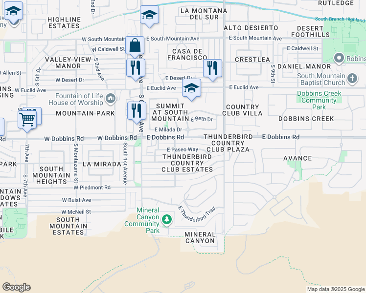 map of restaurants, bars, coffee shops, grocery stores, and more near 315 East Dobbins Road in Phoenix