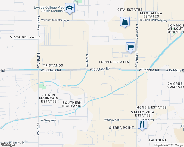 map of restaurants, bars, coffee shops, grocery stores, and more near 2235 West Dobbins Road in Phoenix