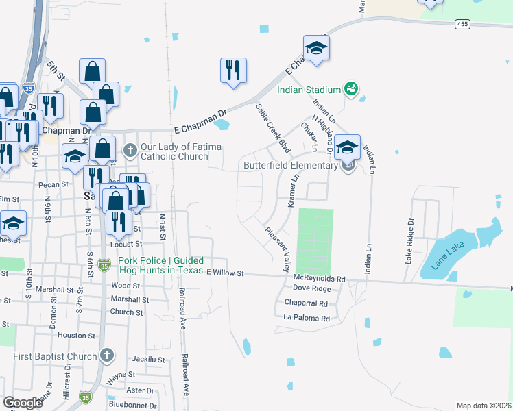 map of restaurants, bars, coffee shops, grocery stores, and more near 1 Covey Lane in Sanger