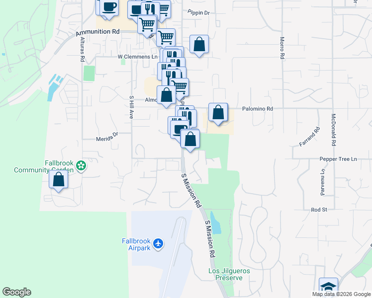 map of restaurants, bars, coffee shops, grocery stores, and more near 1630 South Mission Road in Fallbrook