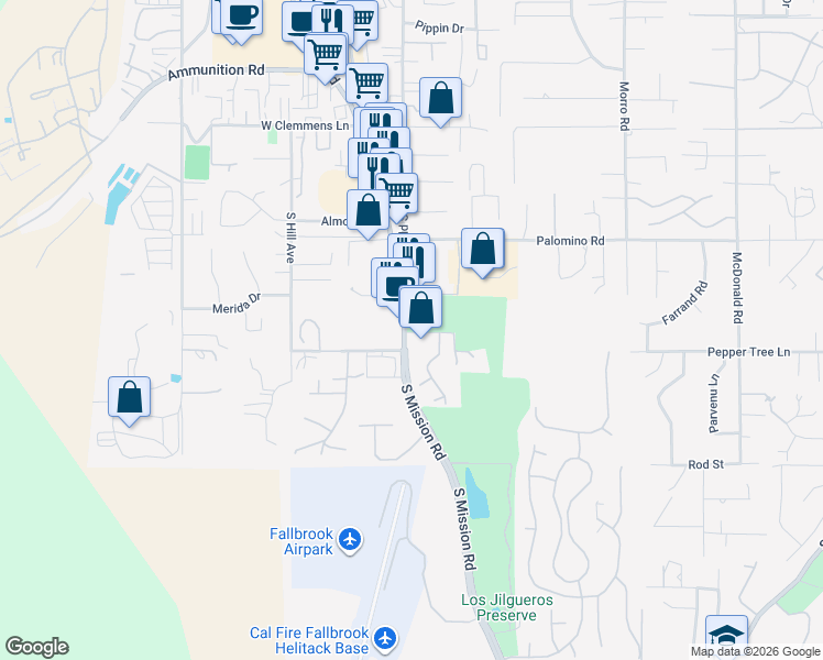 map of restaurants, bars, coffee shops, grocery stores, and more near 1630 South Mission Road in Fallbrook