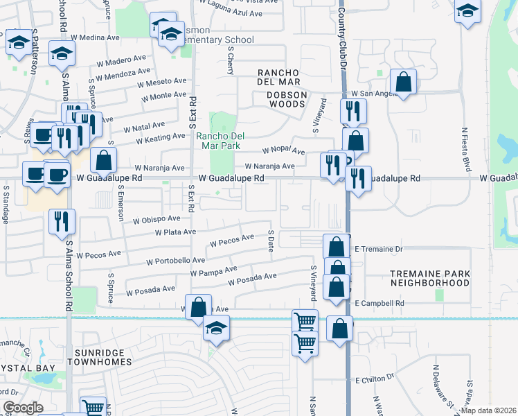 map of restaurants, bars, coffee shops, grocery stores, and more near 623 West Guadalupe Road in Mesa