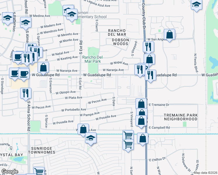 map of restaurants, bars, coffee shops, grocery stores, and more near 623 West Guadalupe Road in Mesa