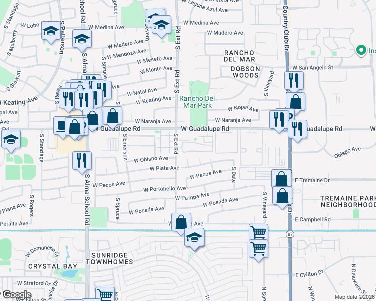 map of restaurants, bars, coffee shops, grocery stores, and more near 2855 South Extension Road in Mesa