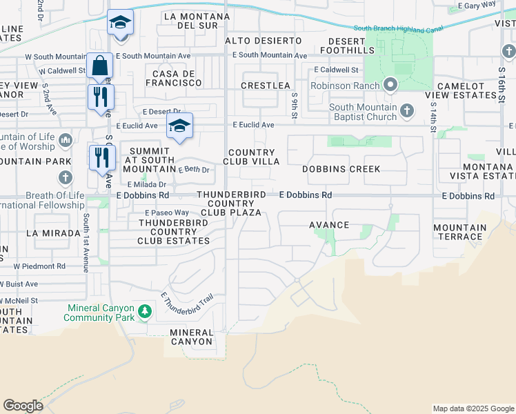 map of restaurants, bars, coffee shops, grocery stores, and more near 806 East Dobbins Road in Phoenix