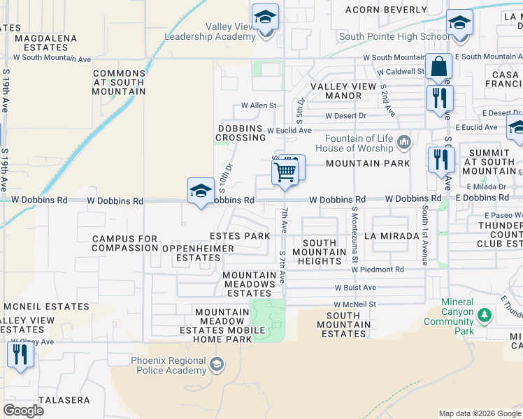 map of restaurants, bars, coffee shops, grocery stores, and more near 723 West Dobbins Road in Phoenix
