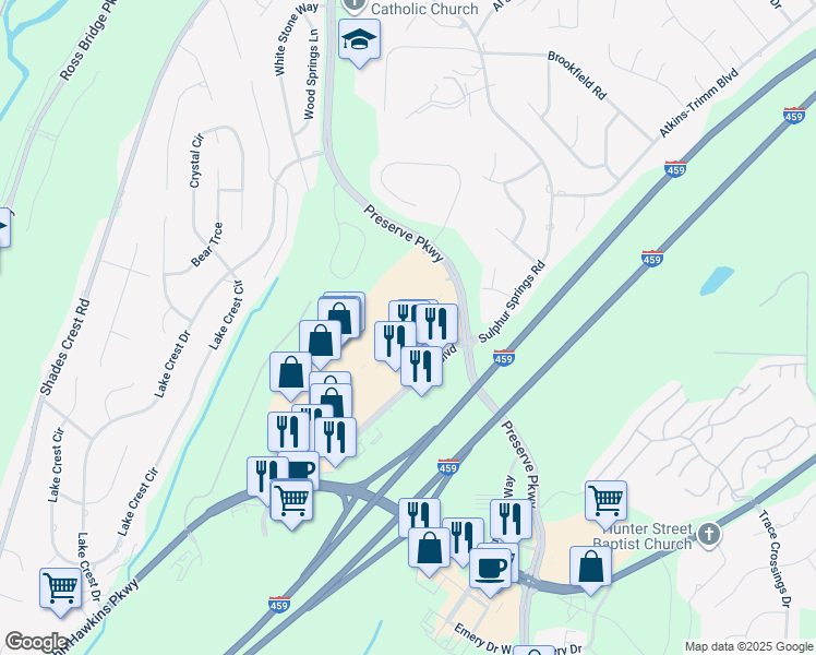 map of restaurants, bars, coffee shops, grocery stores, and more near 5513 Grove Boulevard in Hoover