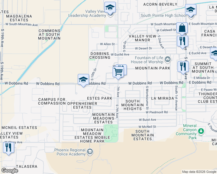 map of restaurants, bars, coffee shops, grocery stores, and more near 723 West Dobbins Road in Phoenix