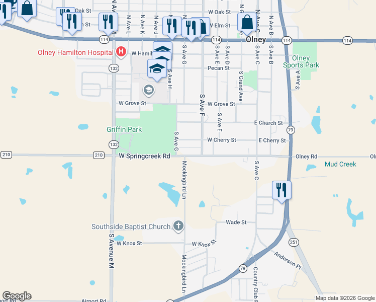 map of restaurants, bars, coffee shops, grocery stores, and more near 413 West Cherry Street in Olney