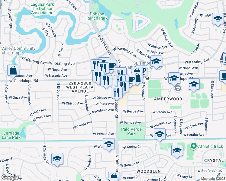 map of restaurants, bars, coffee shops, grocery stores, and more near 2023 West Guadalupe Road in Mesa