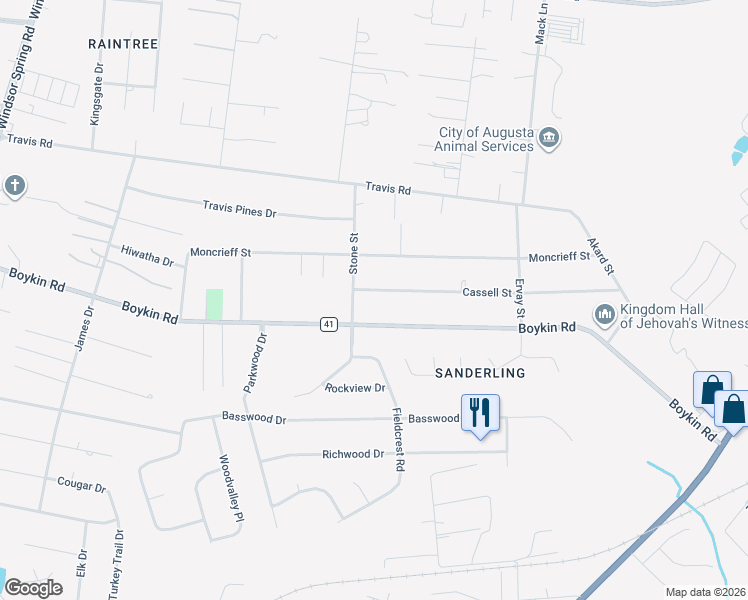 map of restaurants, bars, coffee shops, grocery stores, and more near 2238 Cassell Street in Augusta