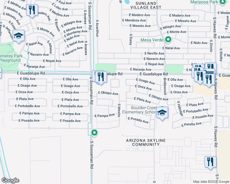 map of restaurants, bars, coffee shops, grocery stores, and more near 7737 East Onza Avenue in Mesa