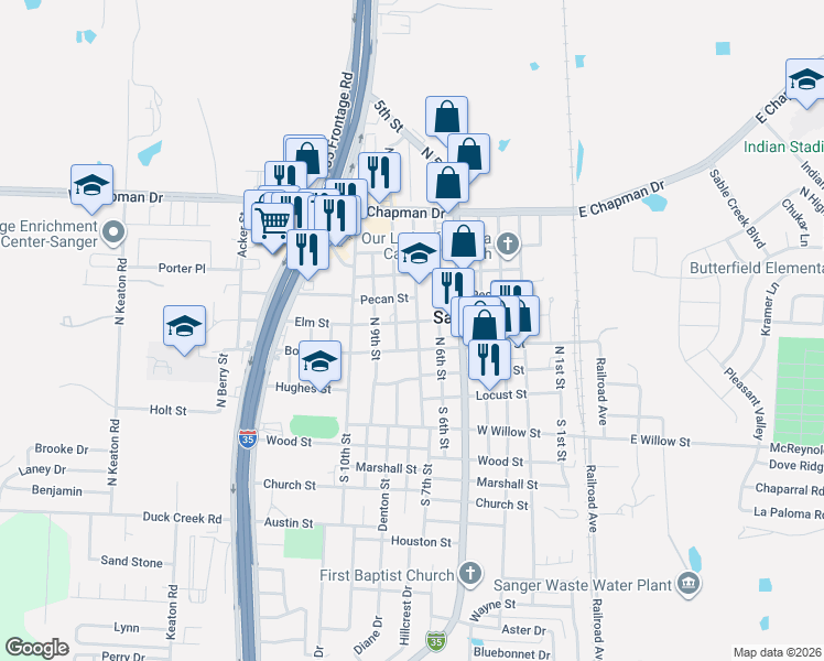 map of restaurants, bars, coffee shops, grocery stores, and more near 710 Elm Street in Sanger