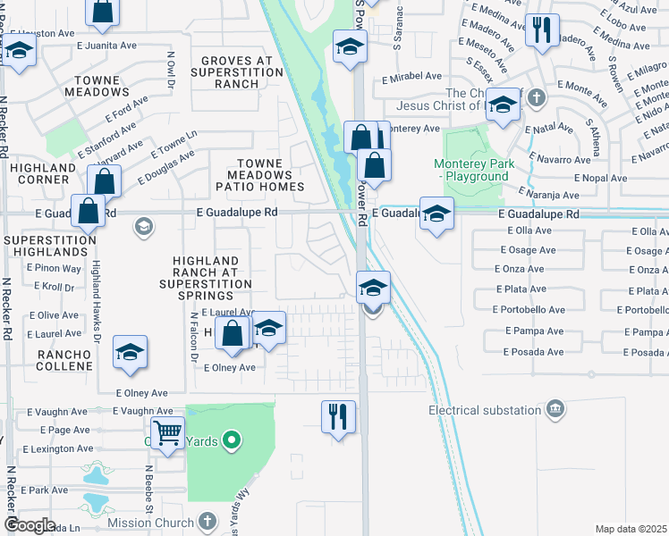 map of restaurants, bars, coffee shops, grocery stores, and more near 696 North Sparrow Court in Gilbert