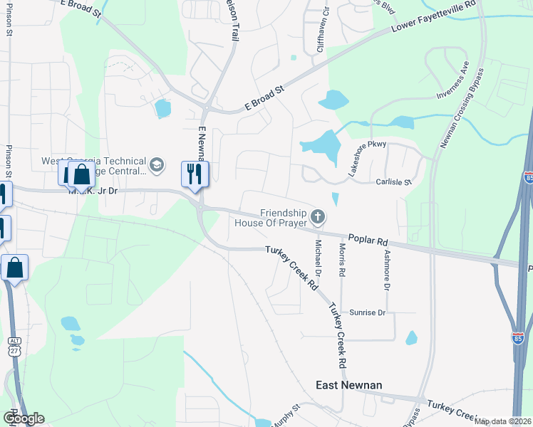 map of restaurants, bars, coffee shops, grocery stores, and more near 96 Poplar Road in Newnan