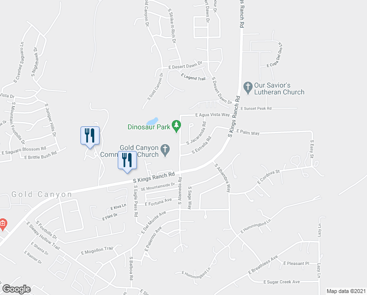 map of restaurants, bars, coffee shops, grocery stores, and more near 5777 South Jacaranda Road in Gold Canyon