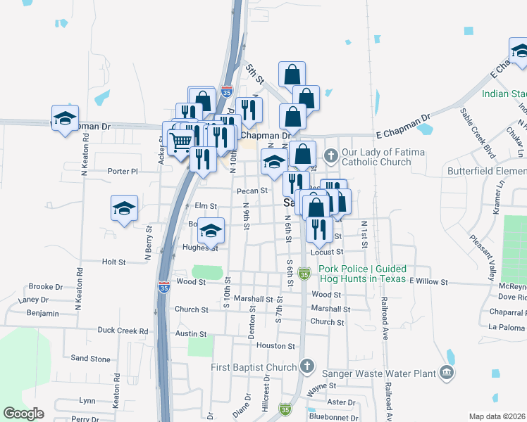 map of restaurants, bars, coffee shops, grocery stores, and more near 710 Elm Street in Sanger