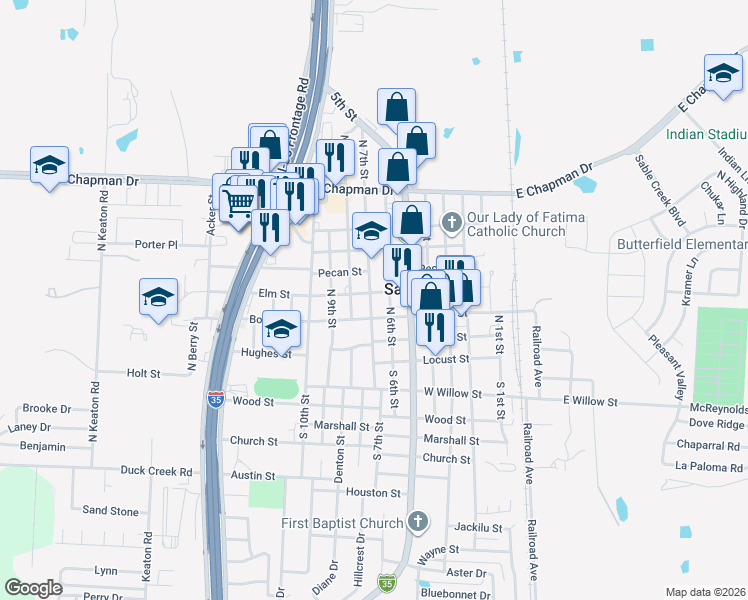 map of restaurants, bars, coffee shops, grocery stores, and more near 612 Elm Street in Sanger