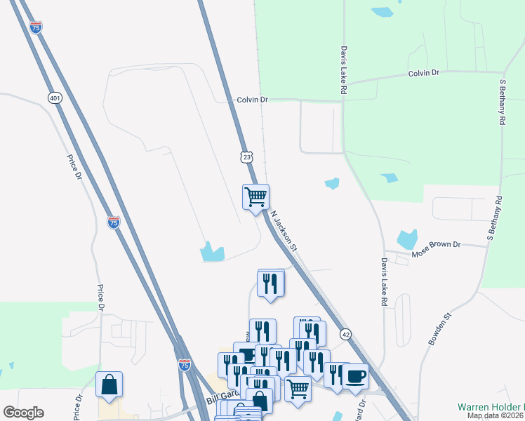 map of restaurants, bars, coffee shops, grocery stores, and more near 3194 Georgia 42 in Locust Grove