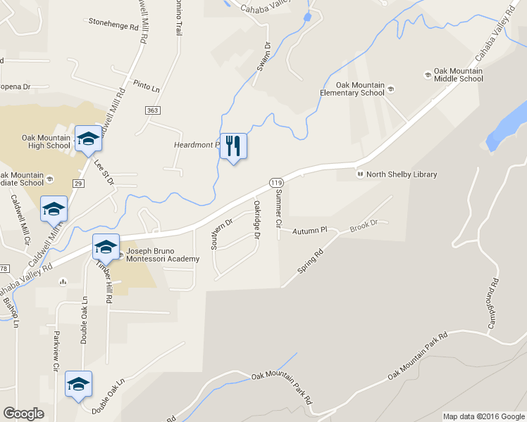 map of restaurants, bars, coffee shops, grocery stores, and more near 1409 Oakridge Drive in Birmingham