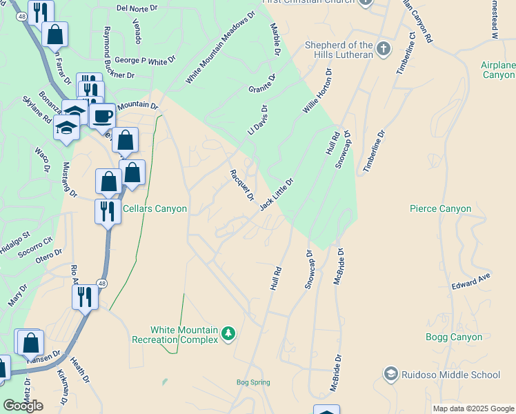 map of restaurants, bars, coffee shops, grocery stores, and more near 102 B Racquet Drive in Ruidoso