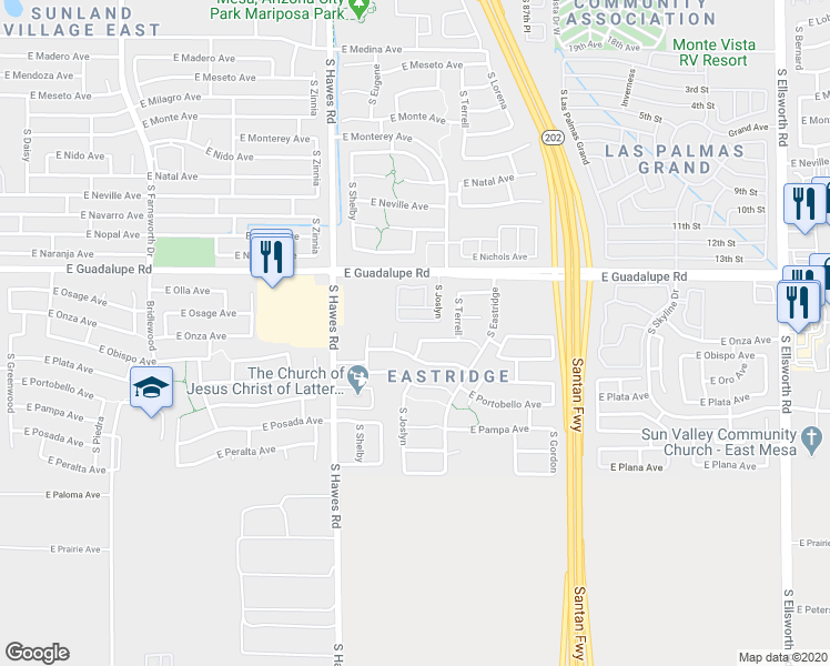 map of restaurants, bars, coffee shops, grocery stores, and more near 8547 East Osage Avenue in Mesa