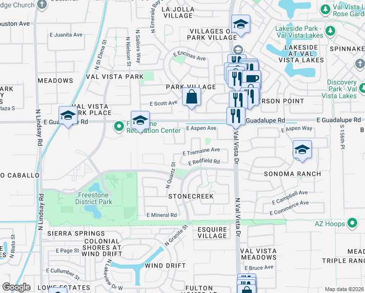 map of restaurants, bars, coffee shops, grocery stores, and more near 1397 East Barbarita Avenue in Gilbert