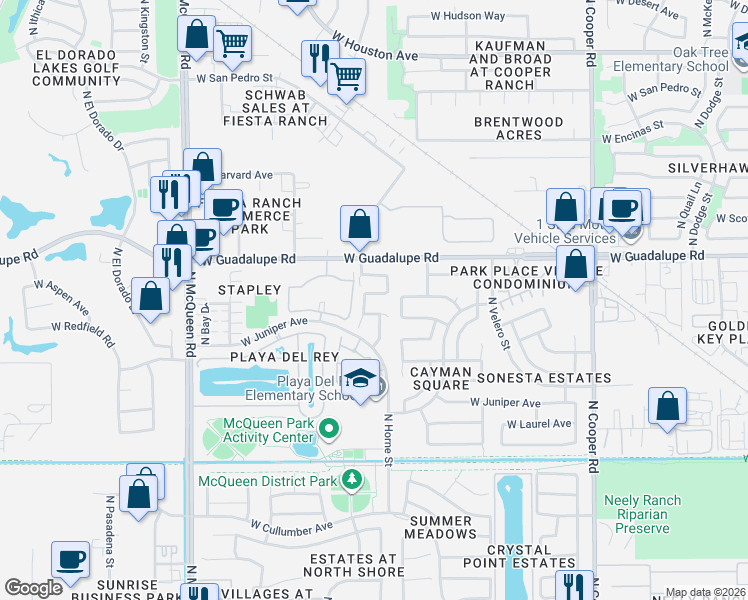 map of restaurants, bars, coffee shops, grocery stores, and more near 1207 West Breckenridge Avenue in Gilbert