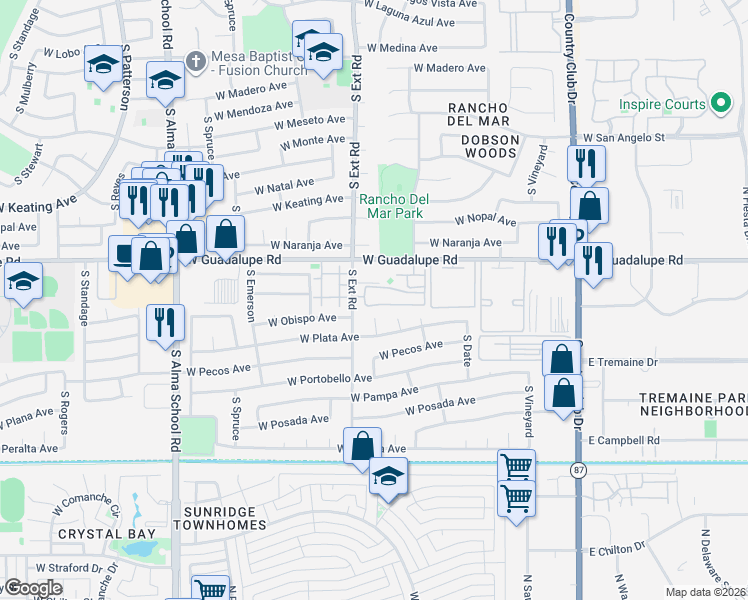 map of restaurants, bars, coffee shops, grocery stores, and more near 2855 South Extension Road in Mesa