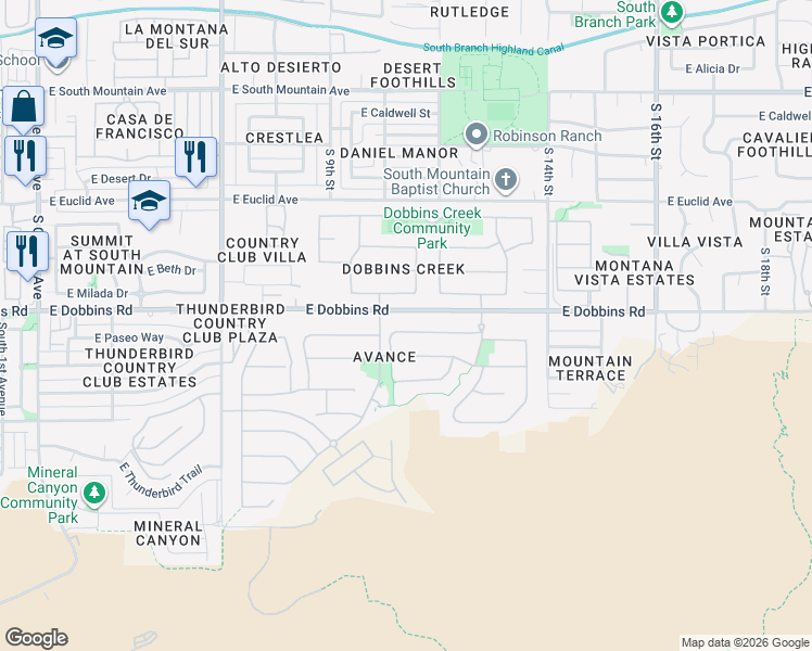 map of restaurants, bars, coffee shops, grocery stores, and more near 1114 East Paseo Way in Phoenix