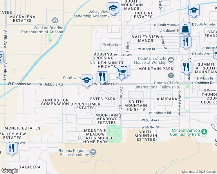 map of restaurants, bars, coffee shops, grocery stores, and more near 723 West Dobbins Road in Phoenix