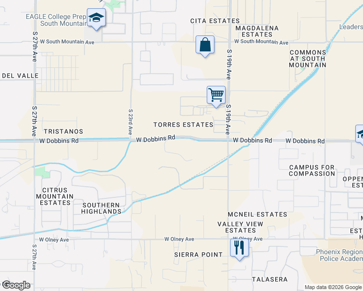 map of restaurants, bars, coffee shops, grocery stores, and more near 2031 West Dobbins Road in Phoenix