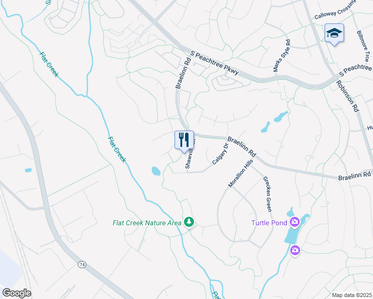 map of restaurants, bars, coffee shops, grocery stores, and more near 108 Shawville Lane in Peachtree City