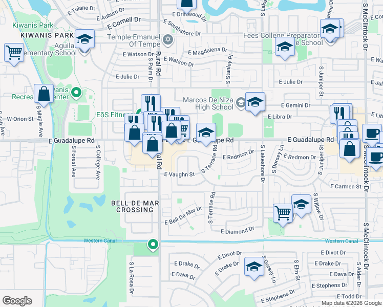 map of restaurants, bars, coffee shops, grocery stores, and more near 1012 East Redmon Drive in Tempe