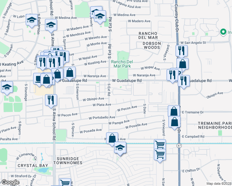 map of restaurants, bars, coffee shops, grocery stores, and more near 2855 South Extension Road in Mesa