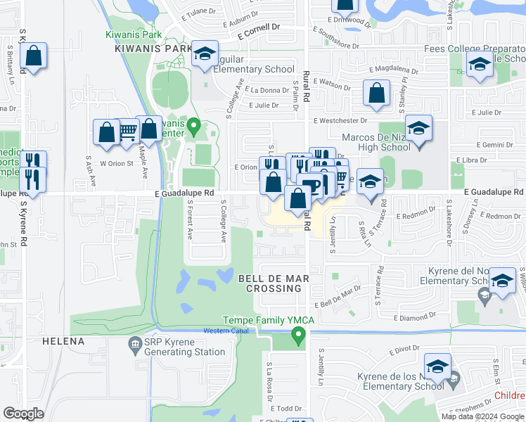 map of restaurants, bars, coffee shops, grocery stores, and more near 606 East Redmon Drive in Tempe