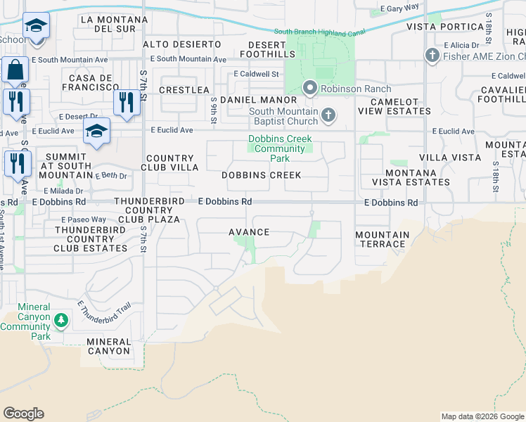 map of restaurants, bars, coffee shops, grocery stores, and more near 1114 East Paseo Way in Phoenix